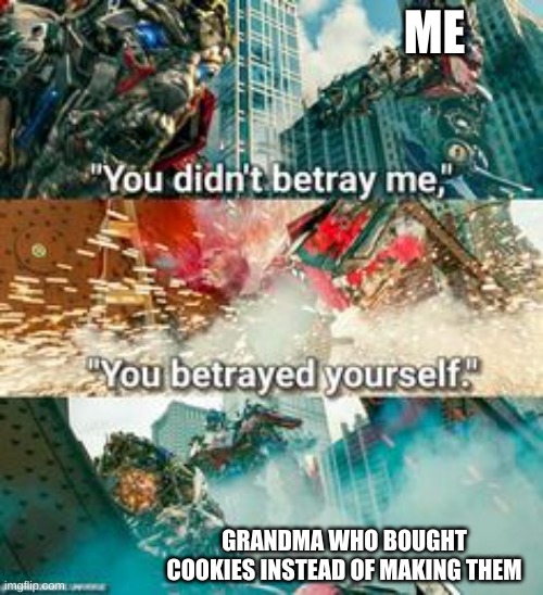 The sad part is that she's getting too old to do that kinda stuff... | ME; GRANDMA WHO BOUGHT COOKIES INSTEAD OF MAKING THEM | image tagged in you betrayed yourself | made w/ Imgflip meme maker