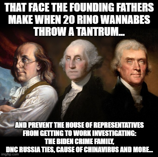 Well done so-called "Freedom Caucus".  Now get out the way.  McCarthy NOT perfect, but perfect is the enemy of good. | THAT FACE THE FOUNDING FATHERS
MAKE WHEN 20 RINO WANNABES
THROW A TANTRUM... AND PREVENT THE HOUSE OF REPRESENTATIVES
FROM GETTING TO WORK INVESTIGATING:
THE BIDEN CRIME FAMILY,
DNC RUSSIA TIES, CAUSE OF CHINAVIRUS AND MORE... | image tagged in founding fathers eye roll,congress,freedom caucus,weapons of mass obstruction | made w/ Imgflip meme maker