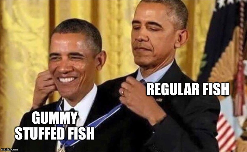 obama medal |  REGULAR FISH; GUMMY STUFFED FISH | image tagged in obama medal | made w/ Imgflip meme maker