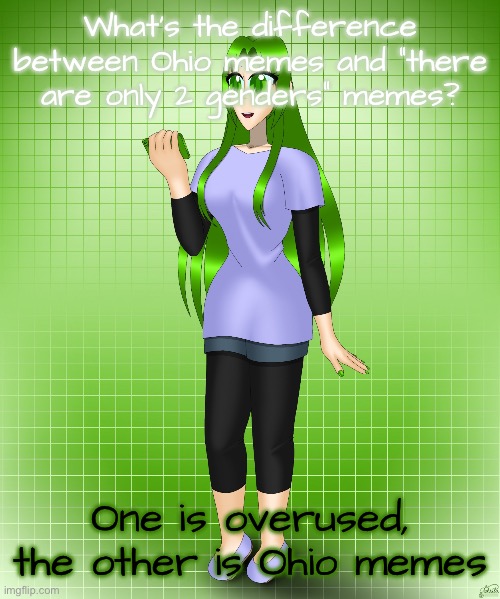 Midori Gurin | What’s the difference between Ohio memes and “there are only 2 genders” memes? One is overused, the other is Ohio memes | image tagged in midori gurin | made w/ Imgflip meme maker