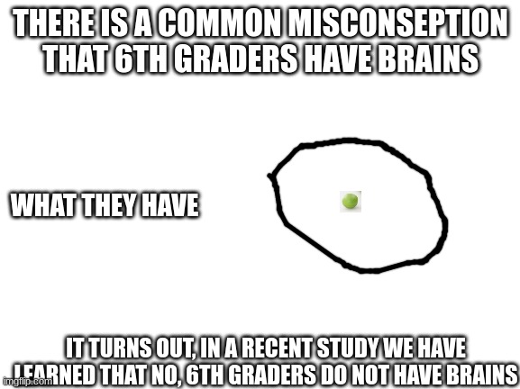 pea brain | THERE IS A COMMON MISCONSEPTION THAT 6TH GRADERS HAVE BRAINS; WHAT THEY HAVE; IT TURNS OUT, IN A RECENT STUDY WE HAVE LEARNED THAT NO, 6TH GRADERS DO NOT HAVE BRAINS | image tagged in school | made w/ Imgflip meme maker