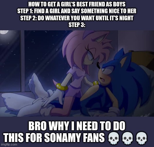 Caught them in 4K | HOW TO GET A GIRL'S BEST FRIEND AS BOYS
STEP 1: FIND A GIRL AND SAY SOMETHING NICE TO HER
STEP 2: DO WHATEVER YOU WANT UNTIL IT'S NIGHT
STEP 3:; BRO WHY I NEED TO DO THIS FOR SONAMY FANS 💀💀💀 | image tagged in sonamy | made w/ Imgflip meme maker