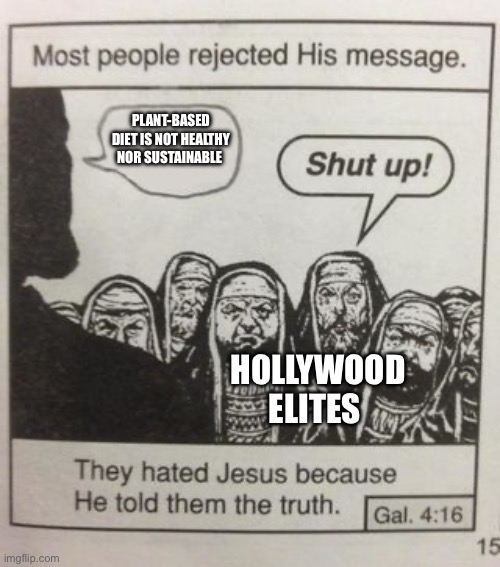Take that Hollyweird | PLANT-BASED DIET IS NOT HEALTHY NOR SUSTAINABLE; HOLLYWOOD ELITES | image tagged in they hated jesus meme | made w/ Imgflip meme maker
