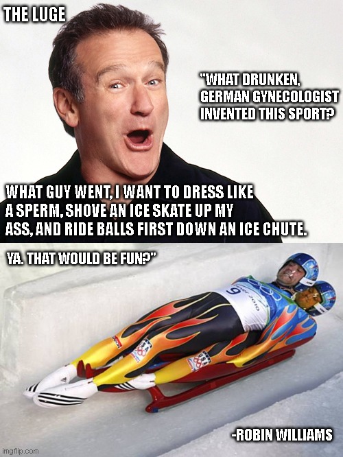 THE LUGE; "WHAT DRUNKEN, GERMAN GYNECOLOGIST INVENTED THIS SPORT? WHAT GUY WENT, I WANT TO DRESS LIKE A SPERM, SHOVE AN ICE SKATE UP MY ASS, AND RIDE BALLS FIRST DOWN AN ICE CHUTE. YA. THAT WOULD BE FUN?"; -ROBIN WILLIAMS | image tagged in robin williams,2 man luge | made w/ Imgflip meme maker