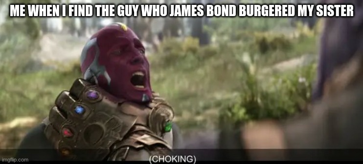 Avengers: Infinity War Thanos choking Vision | ME WHEN I FIND THE GUY WHO JAMES BOND BURGERED MY SISTER | image tagged in avengers infinity war thanos choking vision | made w/ Imgflip meme maker