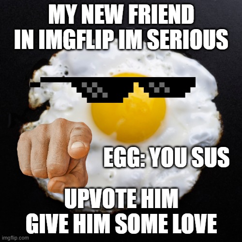 EGG FRIEND only for the year | MY NEW FRIEND IN IMGFLIP IM SERIOUS; EGG: YOU SUS; UPVOTE HIM GIVE HIM SOME LOVE | image tagged in eggs | made w/ Imgflip meme maker