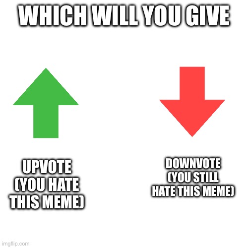 Blank Transparent Square Meme | WHICH WILL YOU GIVE; DOWNVOTE (YOU STILL HATE THIS MEME); UPVOTE (YOU HATE THIS MEME) | image tagged in memes,blank transparent square | made w/ Imgflip meme maker