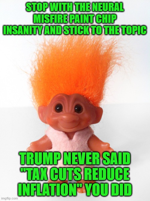 Troll doll | STOP WITH THE NEURAL MISFIRE PAINT CHIP INSANITY AND STICK TO THE TOPIC TRUMP NEVER SAID "TAX CUTS REDUCE INFLATION" YOU DID | image tagged in troll doll | made w/ Imgflip meme maker