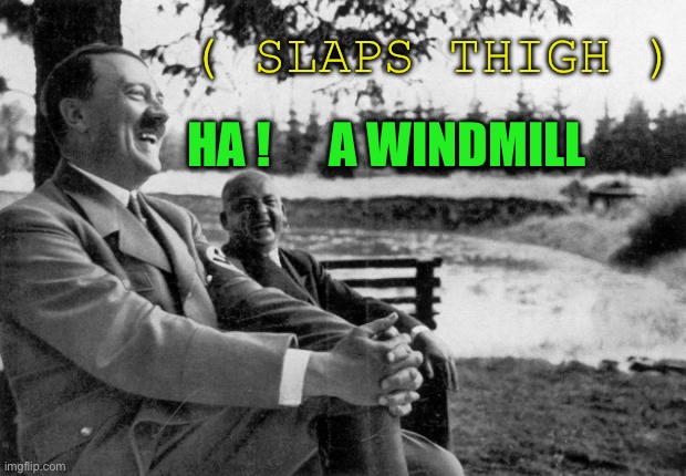Adolf Hitler laughing | ( SLAPS THIGH ) HA !      A WINDMILL | image tagged in adolf hitler laughing | made w/ Imgflip meme maker