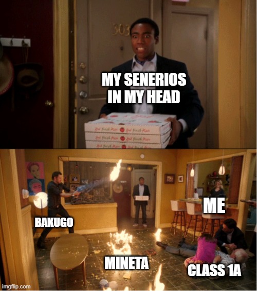 my senerio's in my head | MY SENERIOS IN MY HEAD; ME; BAKUGO; MINETA; CLASS 1A | image tagged in community fire pizza meme | made w/ Imgflip meme maker