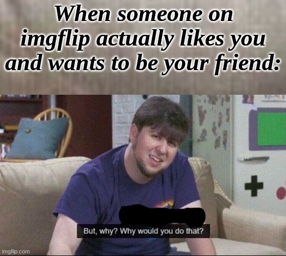 This could never happen to me | When someone on imgflip actually likes you and wants to be your friend: | image tagged in but why why would you do that | made w/ Imgflip meme maker