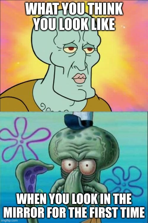 u ugly | WHAT YOU THINK YOU LOOK LIKE; WHEN YOU LOOK IN THE MIRROR FOR THE FIRST TIME | image tagged in memes,squidward | made w/ Imgflip meme maker