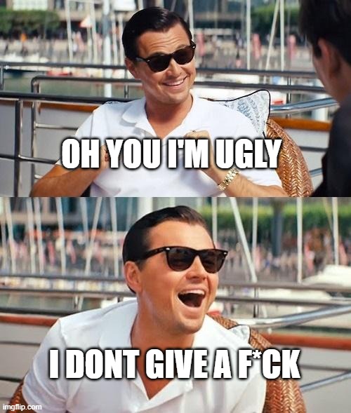 Leonardo Dicaprio Wolf Of Wall Street | OH YOU I'M UGLY; I DONT GIVE A F*CK | image tagged in memes,leonardo dicaprio wolf of wall street | made w/ Imgflip meme maker