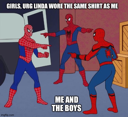 Spider Man Triple | GIRLS, URG LINDA WORE THE SAME SHIRT AS ME; ME AND THE BOYS | image tagged in spider man triple | made w/ Imgflip meme maker