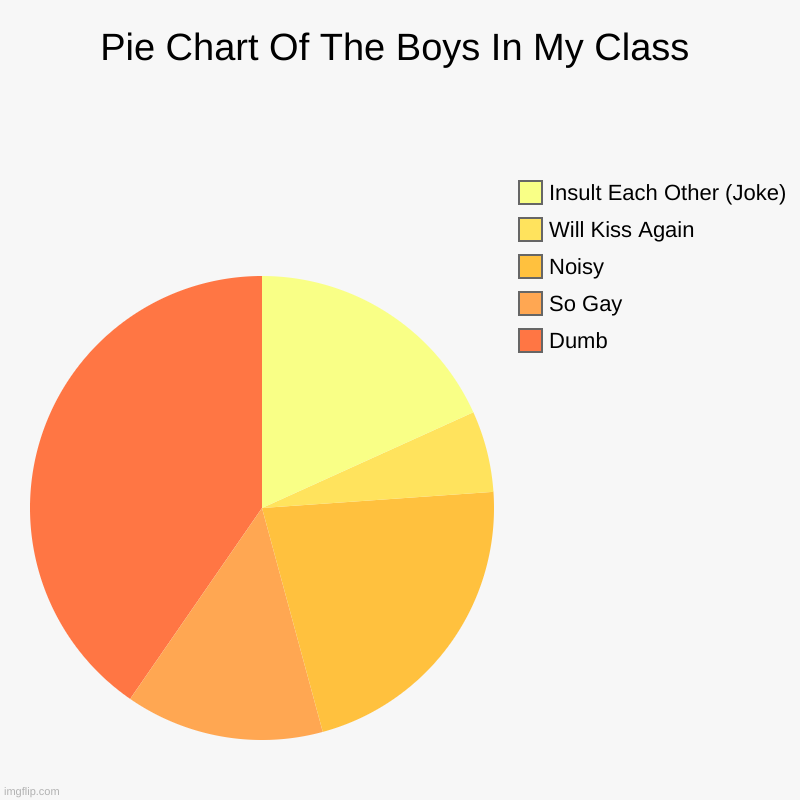 Chart | Pie Chart Of The Boys In My Class | Dumb, So Gay, Noisy, Will Kiss Again, Insult Each Other (Joke) | image tagged in charts,pie charts | made w/ Imgflip chart maker