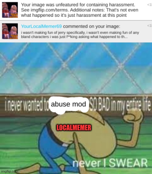 theres a difference between harrasment and just saying something once... | LOCALMEMER | image tagged in i never wanted to abuse mod so bad | made w/ Imgflip meme maker