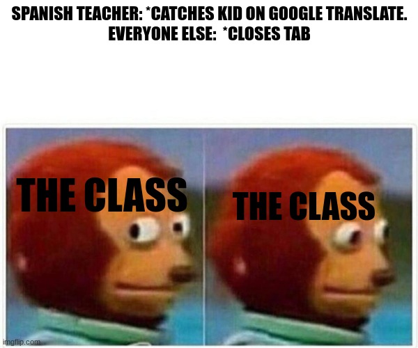 Monkey Puppet Meme | SPANISH TEACHER: *CATCHES KID ON GOOGLE TRANSLATE.
EVERYONE ELSE:  *CLOSES TAB; THE CLASS; THE CLASS | image tagged in memes,monkey puppet | made w/ Imgflip meme maker