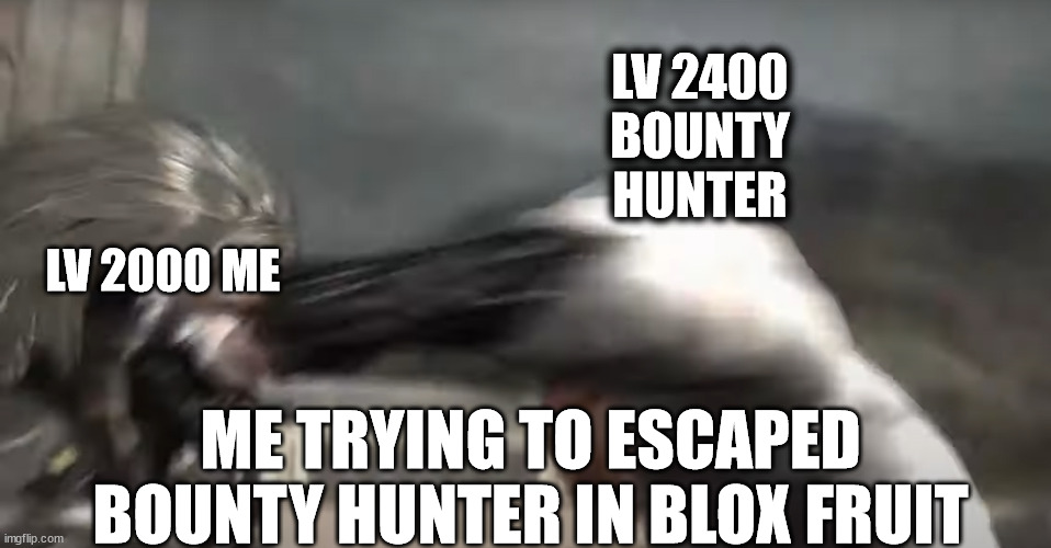 Raiden getting punched | LV 2400 BOUNTY HUNTER; LV 2000 ME; ME TRYING TO ESCAPED BOUNTY HUNTER IN BLOX FRUIT | image tagged in raiden getting punched | made w/ Imgflip meme maker
