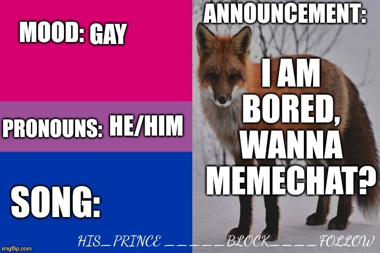 His_prince's announcement template | I AM BORED, WANNA MEMECHAT? GAY; HE/HIM | image tagged in his_prince's announcement template | made w/ Imgflip meme maker