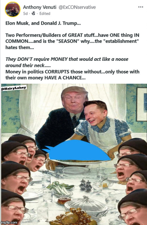 Musk, Trump....With their OWN money they ACTUALLY Own!...Corruption of $$$ Politics | image tagged in trump,musk,corrupt politicians,lobbyist,democrats | made w/ Imgflip meme maker
