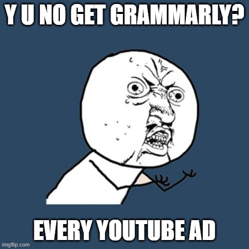 that and liberty mutual |  Y U NO GET GRAMMARLY? EVERY YOUTUBE AD | image tagged in memes,y u no | made w/ Imgflip meme maker