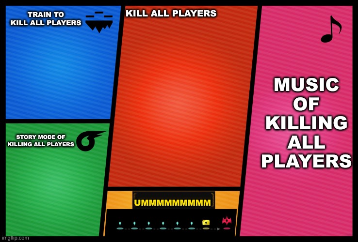 Smash Ultimate DLC fighter profile | TRAIN TO KILL ALL PLAYERS; KILL ALL PLAYERS; MUSIC OF KILLING ALL PLAYERS; STORY MODE OF KILLING ALL PLAYERS; UMMMMMMMMM | image tagged in smash ultimate dlc fighter profile | made w/ Imgflip meme maker