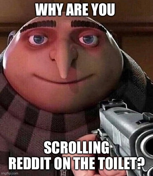 Gru pointing gun | WHY ARE YOU; SCROLLING REDDIT ON THE TOILET? | image tagged in gru pointing gun | made w/ Imgflip meme maker