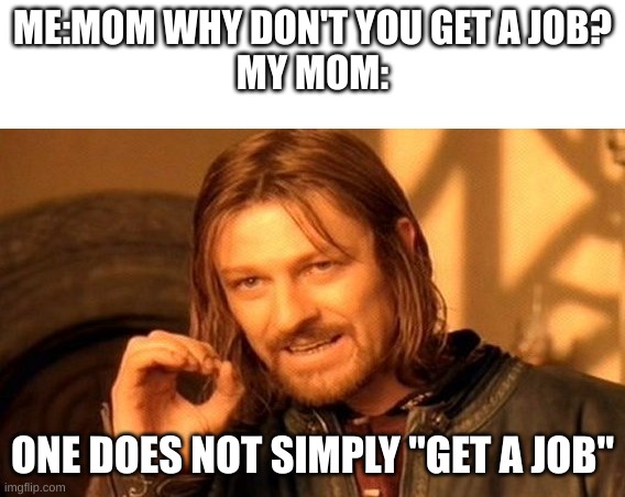 idk | ME:MOM WHY DON'T YOU GET A JOB?
MY MOM:; ONE DOES NOT SIMPLY "GET A JOB" | image tagged in memes,one does not simply | made w/ Imgflip meme maker