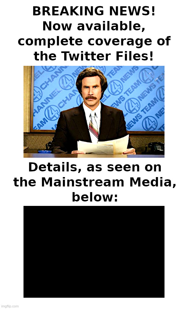Breaking News! The Twitter Files! | image tagged in ron burgundy,breaking news,twitter files,mainstream media,fake news,blackout | made w/ Imgflip meme maker