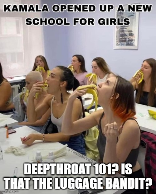 The Kamala School | DEEPTHROAT 101? IS THAT THE LUGGAGE BANDIT? | image tagged in the kamala school | made w/ Imgflip meme maker