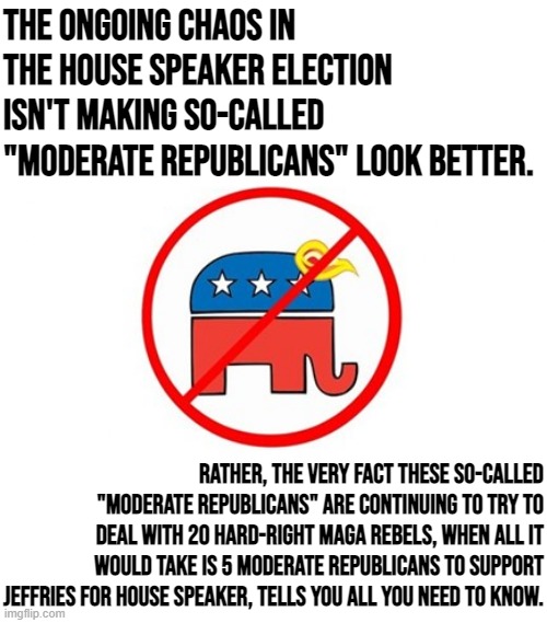 "Moderate Republican" is a lie. They are more aligned with the farthest of the far-right than with the most moderate Democrat. | The ongoing chaos in the House Speaker election isn't making so-called "moderate Republicans" look better. Rather, the very fact these so-called "moderate Republicans" are continuing to try to deal with 20 hard-right MAGA rebels, when all it would take is 5 moderate Republicans to support Jeffries for House Speaker, tells you all you need to know. | image tagged in trump republican elephant no sign,republicans,gop,republican party,right wing,congress | made w/ Imgflip meme maker