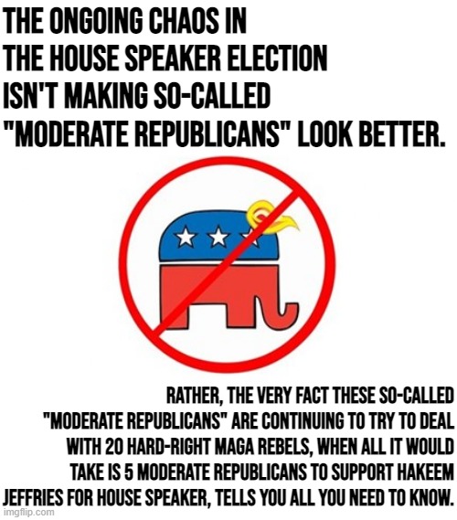 "Moderate Republican" is a lie. They would rather deal with the farthest of the far-right than with the most moderate Democrat. | The ongoing chaos in the House Speaker election isn't making so-called "moderate Republicans" look better. Rather, the very fact these so-called "moderate Republicans" are continuing to try to deal with 20 hard-right MAGA rebels, when all it would take is 5 moderate Republicans to support Hakeem Jeffries for House Speaker, tells you all you need to know. | image tagged in trump republican elephant no sign | made w/ Imgflip meme maker