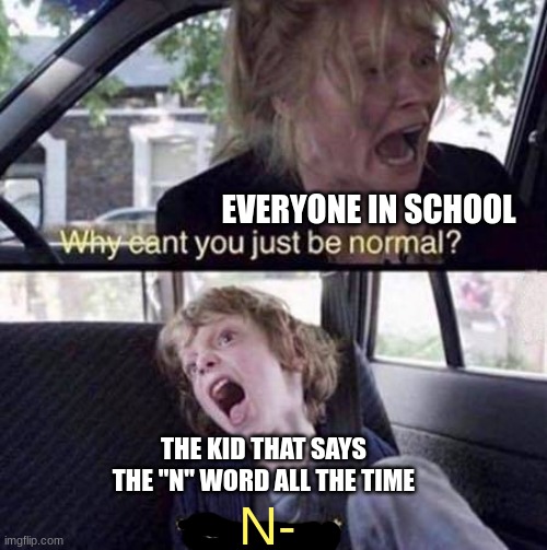 Why can't you just be normal? | EVERYONE IN SCHOOL; THE KID THAT SAYS THE "N" WORD ALL THE TIME; N- | image tagged in why can't you just be normal,funny,school,that one kid,n word | made w/ Imgflip meme maker