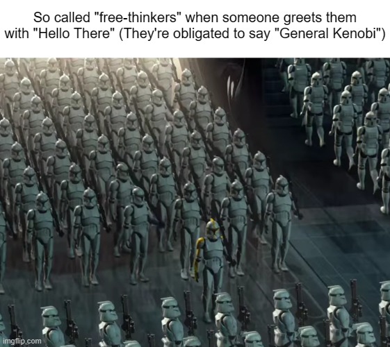 Hello There. | So called "free-thinkers" when someone greets them with "Hello There" (They're obligated to say "General Kenobi") | image tagged in general kenobi | made w/ Imgflip meme maker