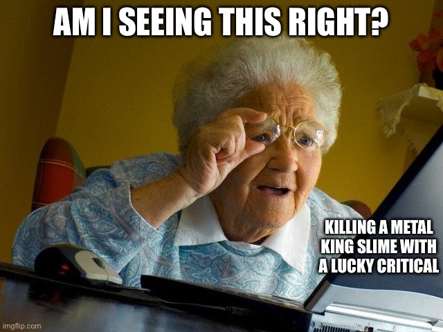 Wattt!? | AM I SEEING THIS RIGHT? KILLING A METAL KING SLIME WITH A LUCKY CRITICAL | image tagged in memes,grandma finds the internet | made w/ Imgflip meme maker