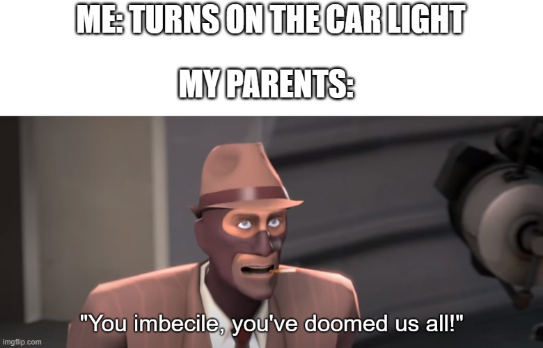 Who else had had this happen | ME: TURNS ON THE CAR LIGHT; MY PARENTS: | image tagged in you imbecile you've doomed us all | made w/ Imgflip meme maker