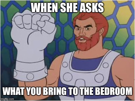 Fisting | WHEN SHE ASKS; WHAT YOU BRING TO THE BEDROOM | image tagged in fisto | made w/ Imgflip meme maker