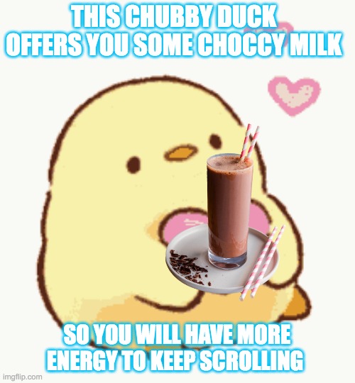 Why not | THIS CHUBBY DUCK OFFERS YOU SOME CHOCCY MILK; SO YOU WILL HAVE MORE ENERGY TO KEEP SCROLLING | image tagged in have some choccy milk | made w/ Imgflip meme maker