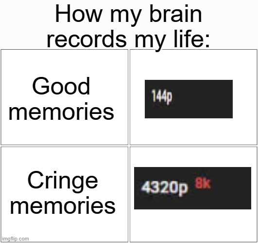 i'm not wrong though | How my brain records my life:; Good memories; Cringe memories | image tagged in 4 boxes,relatable,cringe | made w/ Imgflip meme maker