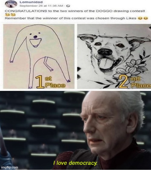 Art is not always about realism... | image tagged in i love democracy,star wars,palpatine | made w/ Imgflip meme maker