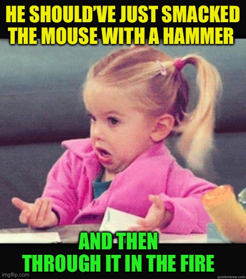 I dont know girl | HE SHOULD’VE JUST SMACKED THE MOUSE WITH A HAMMER AND THEN THROUGH IT IN THE FIRE | image tagged in i dont know girl | made w/ Imgflip meme maker