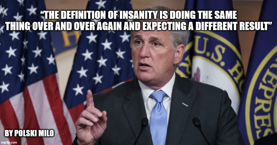 kevin | “THE DEFINITION OF INSANITY IS DOING THE SAME THING OVER AND OVER AGAIN AND EXPECTING A DIFFERENT RESULT”; BY POLSKI MILO | image tagged in political humor | made w/ Imgflip meme maker