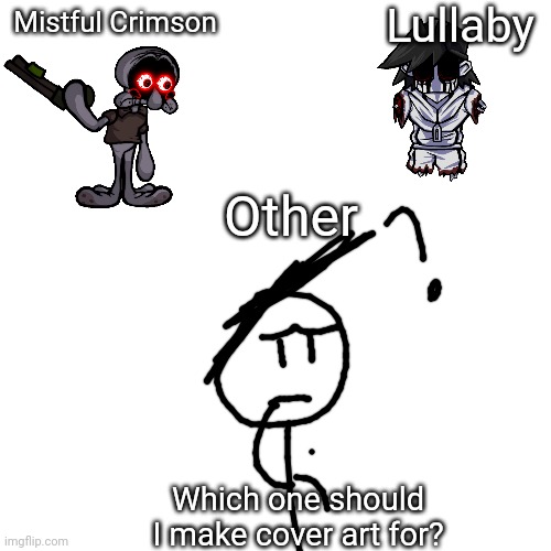 I'm thinking about this | Lullaby; Mistful Crimson; Other; Which one should I make cover art for? | image tagged in tags | made w/ Imgflip meme maker