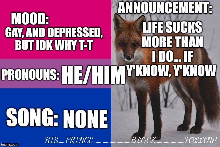 His_prince's announcement template | LIFE SUCKS MORE THAN I DO... IF Y'KNOW, Y'KNOW; GAY, AND DEPRESSED, BUT IDK WHY T-T; HE/HIM; NONE | image tagged in his_prince's announcement template | made w/ Imgflip meme maker