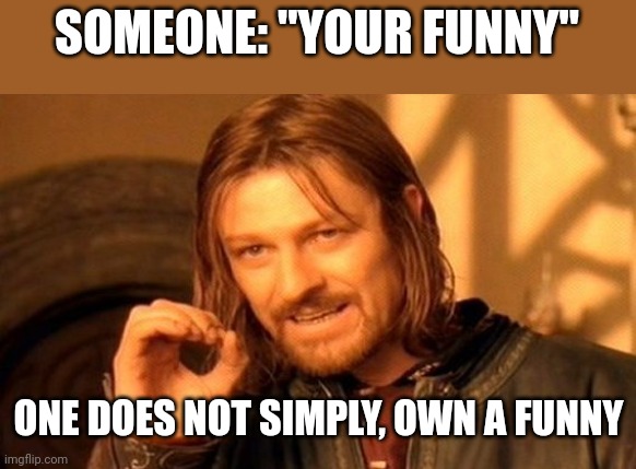 You can't like, own a funny, man | SOMEONE: "YOUR FUNNY"; ONE DOES NOT SIMPLY, OWN A FUNNY | image tagged in memes,one does not simply,grammar,funny | made w/ Imgflip meme maker