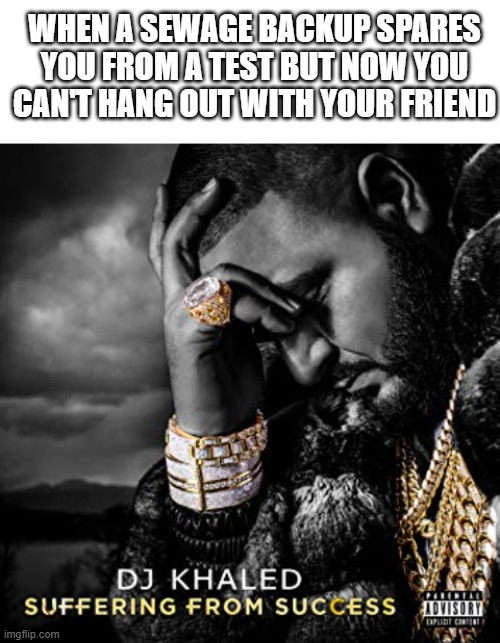 i cannot go to places with my friends | WHEN A SEWAGE BACKUP SPARES YOU FROM A TEST BUT NOW YOU CAN'T HANG OUT WITH YOUR FRIEND | image tagged in blank white template,dj khaled suffering from success meme | made w/ Imgflip meme maker