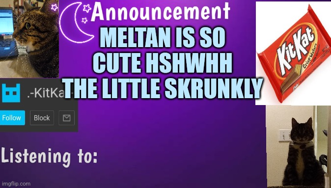 Kitty's announcment temp V3 | MELTAN IS SO CUTE HSHWHH THE LITTLE SKRUNKLY | image tagged in kitty's announcment temp v3 | made w/ Imgflip meme maker