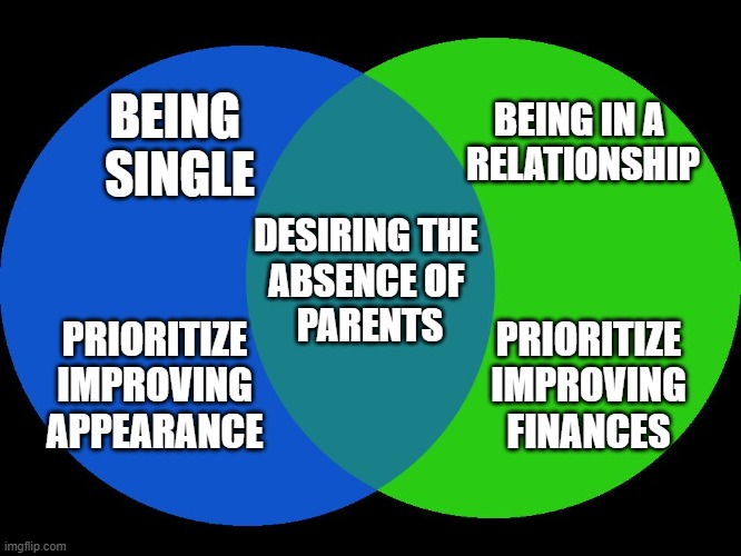 Venn Comparison | BEING IN A 
RELATIONSHIP; BEING 
SINGLE; DESIRING THE 
ABSENCE OF 
PARENTS; PRIORITIZE IMPROVING APPEARANCE; PRIORITIZE IMPROVING FINANCES | image tagged in venn comparison | made w/ Imgflip meme maker