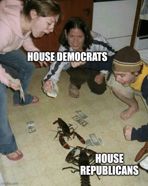 Helping the left meme: Part 2.   Battle for the seat | HOUSE DEMOCRATS; HOUSE REPUBLICANS | image tagged in lobster fight,democrats,republicans,liberals | made w/ Imgflip meme maker