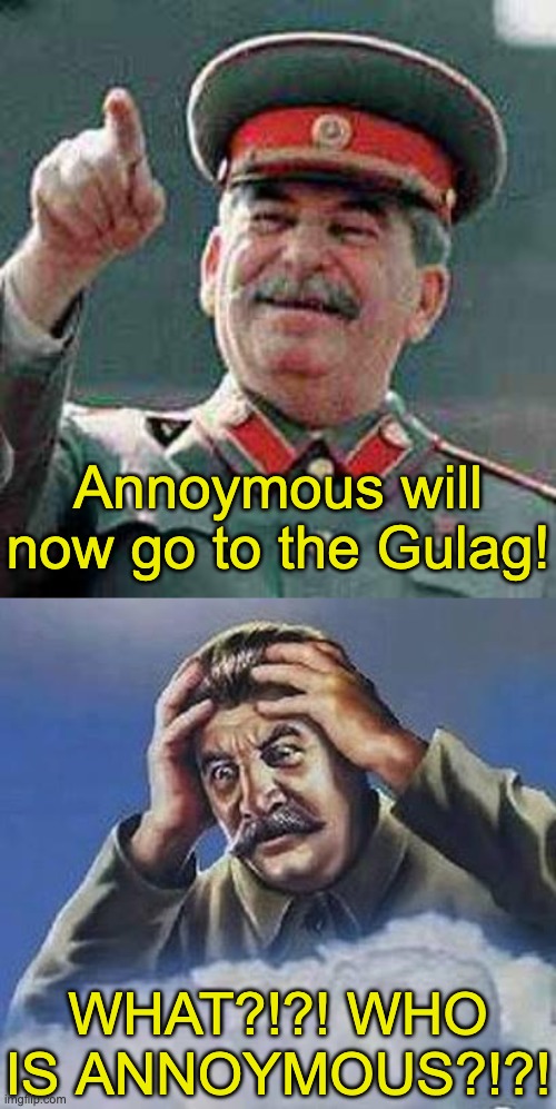 Tell me why | Annoymous will now go to the Gulag! WHAT?!?! WHO IS ANNOYMOUS?!?! | image tagged in stalin says,worrying stalin,imgflip,memes,joseph stalin,stalin | made w/ Imgflip meme maker